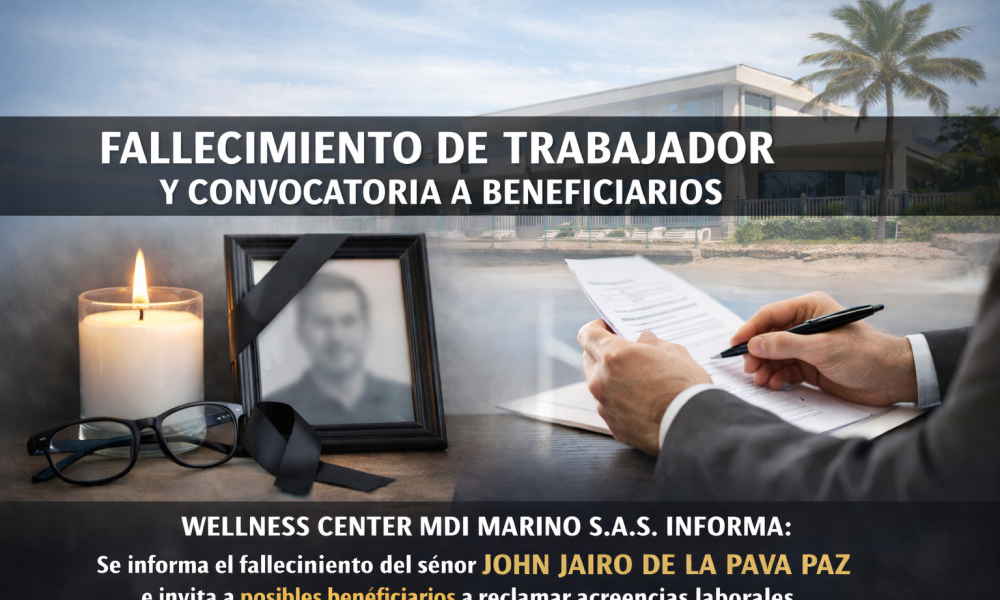 Primer aviso: WELLNESS CENTER MDI MARINO S.A.S. informa fallecimiento de trabajador y convoca a posibles beneficiarios a reclamar acreencias laborales