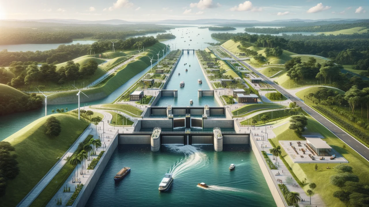 DALL·E 2024-12-26 11.50.27 - A modernized view of the Canal del Dique in Colombia, featuring newly constructed locks, clean waterways, and lush greenery along the banks. The scene