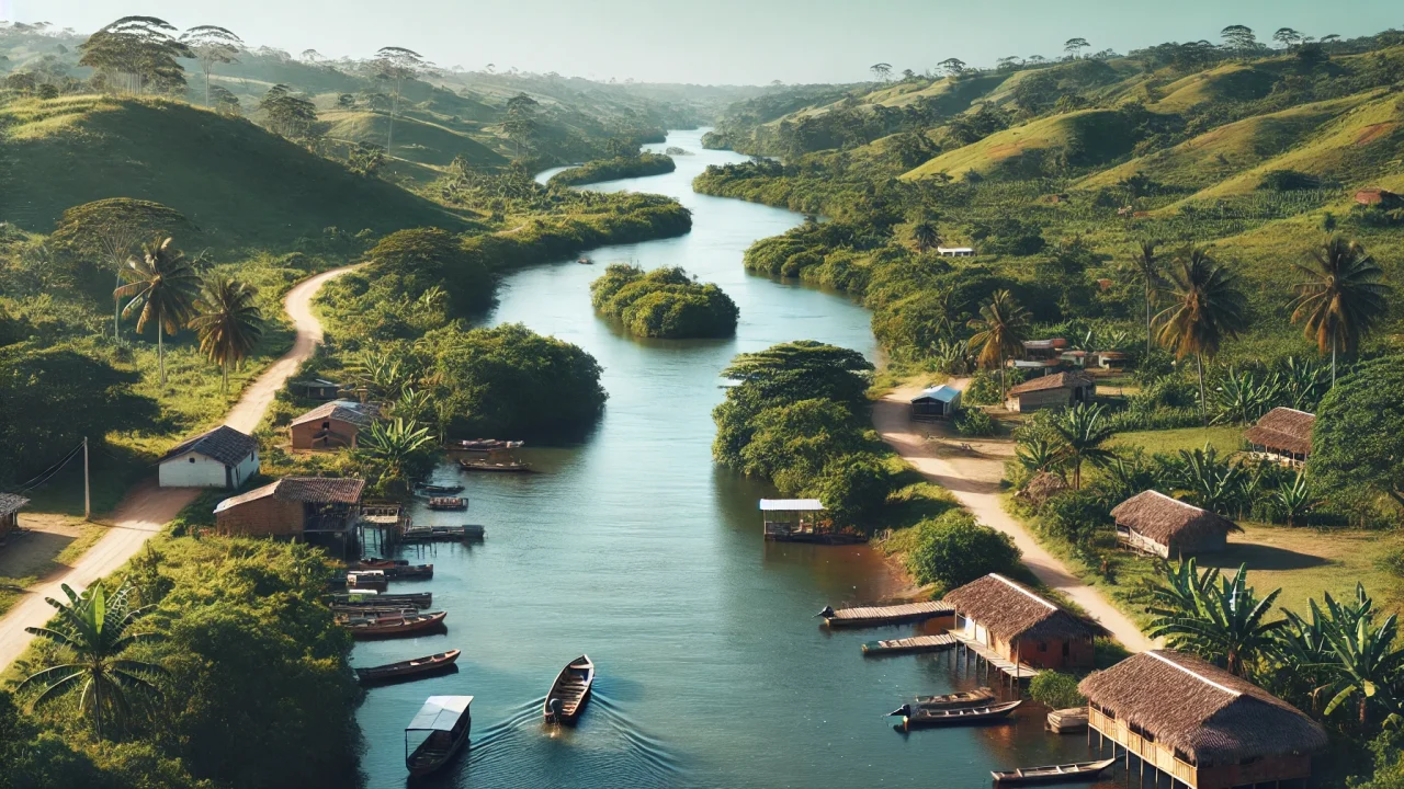 DALL·E 2024-12-26 13.35.42 - A scenic view of the Canal del Dique in Colombia, showcasing its winding waterway surrounded by lush greenery and small rural settlements. The water r