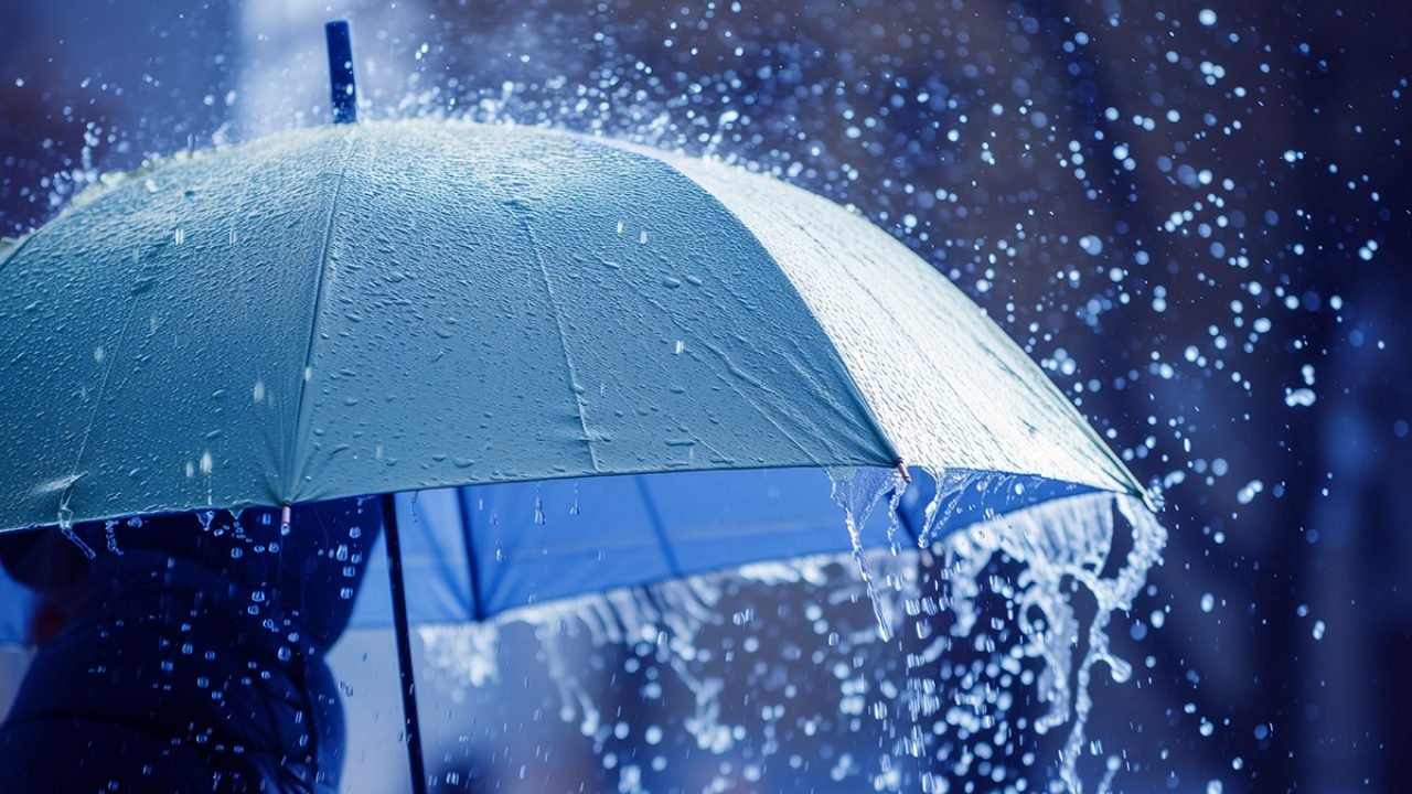 person testing umbrella durability in simulated rain, created with generative ai