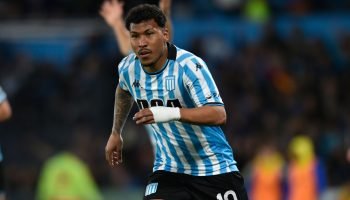 AVELLANEDA, ARGENTINA - SEPTEMBER 14: Roger Martinez of Racing Club reacts after scoring his team's second goal during a Liga Profesional 2024 soccer match between Racing Club and Boca Juniors at Presidente Peron Stadium on September 14, 2024 in Avellaneda, Argentina. (Photo by Gustavo Garello/Getty Images)