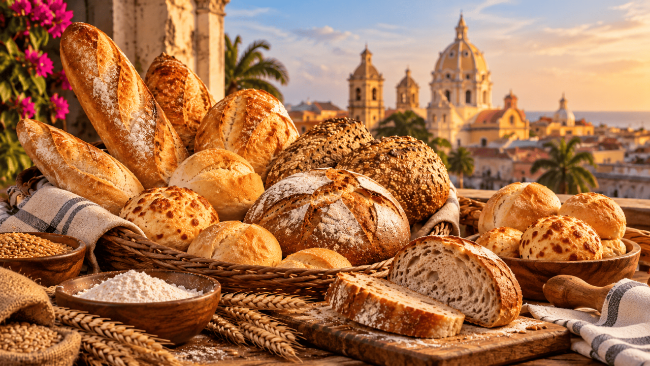 Panadería rústica al atardecer con catedral histórica (1)