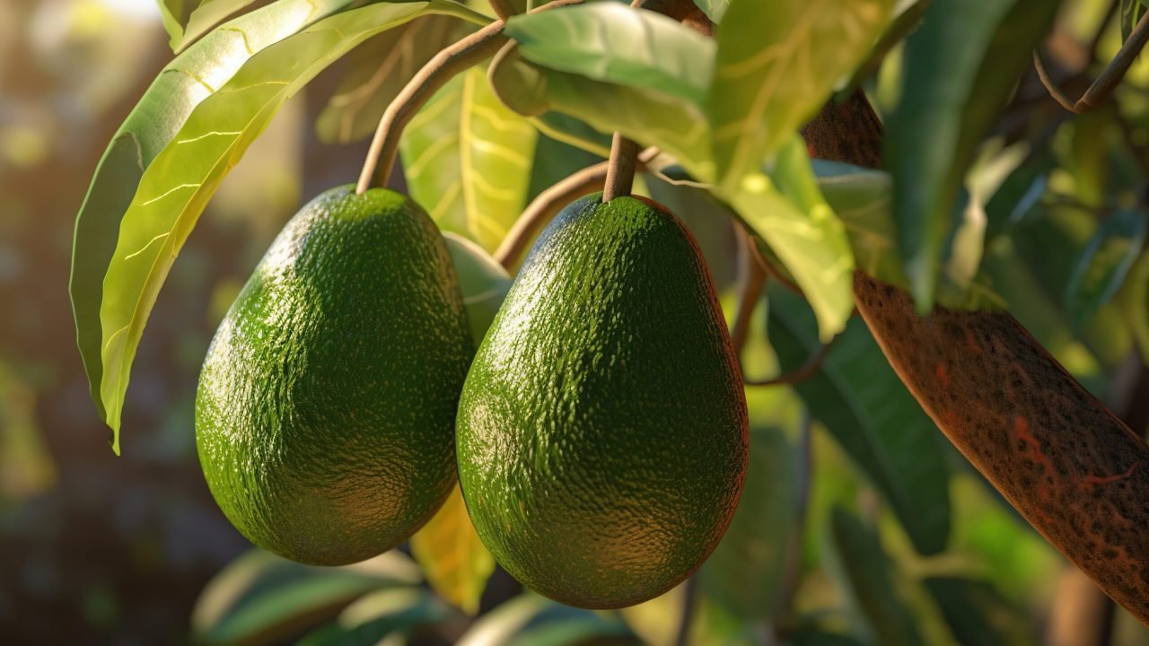 Avocados hanging, growing on a tree, close-up. Green fruits of avocado on the tree with leafs, sunlight, AI generative